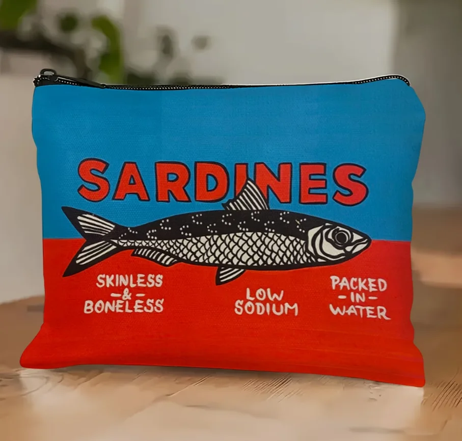 Ardines Zip Cosmetic Bag, Tinned Fish Accessory Pouch, Trendy Sardines Mini Bag, Sardines Aesthetic Sardine Pencil Case Logo Bag
