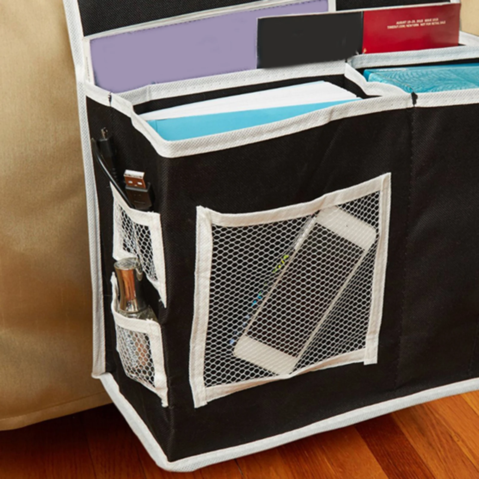 

Bedside Organizer Black Oxford Pvc Washable Foldable Storage Pocket For Remote Controller Cellphone Glasses Magazines Dorm