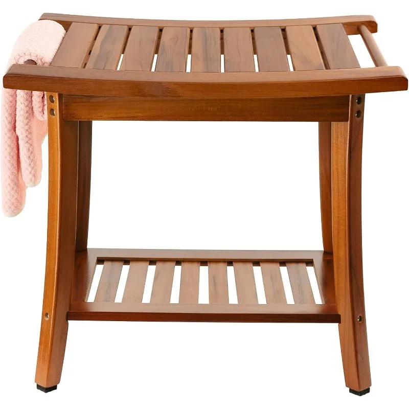 

Teak Shower Bench Seat with Handles, Portable Wooden Spa Bathing Stool with Storage Towel Shelf, 22" x 13" x 18.6"