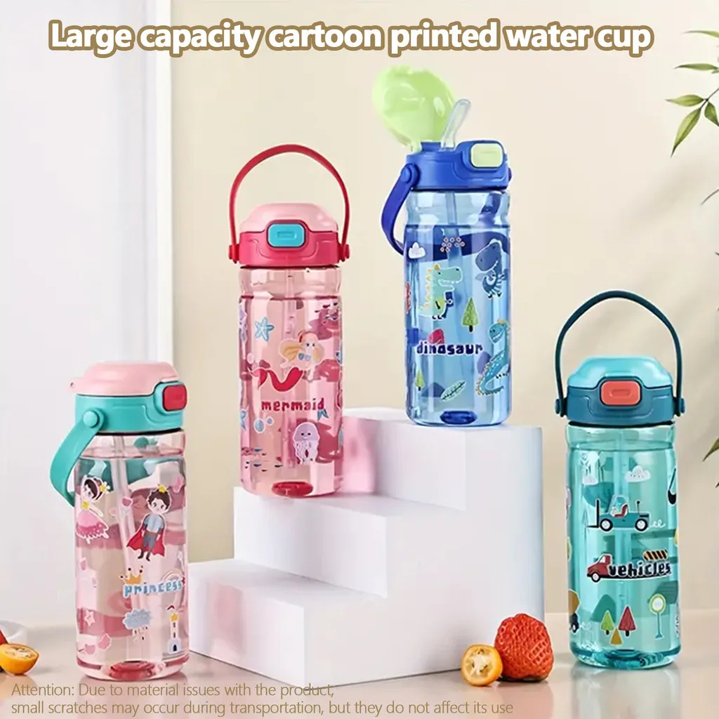 

600ML large-capacity children's straw cup leak-proof student water cup with drawstring portable water bottle cartoon