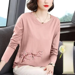 Women's Clothing Long Sleeve Crew Neck Printing Plant&Flowers Geometric Pullover T-shirt Spring Autumn Office Lady Trendy Tops