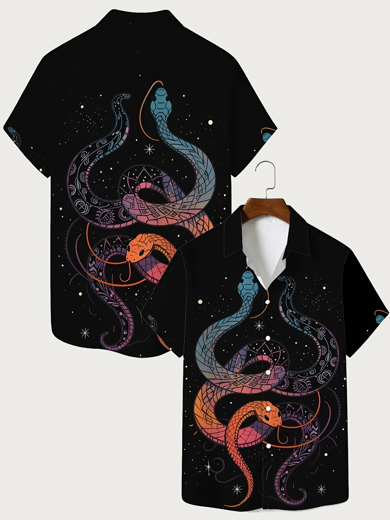 Men Short Sleeve Button Down Shirt Galaxy Colorful Snake Print Polyester Gothic Casual Blouse
