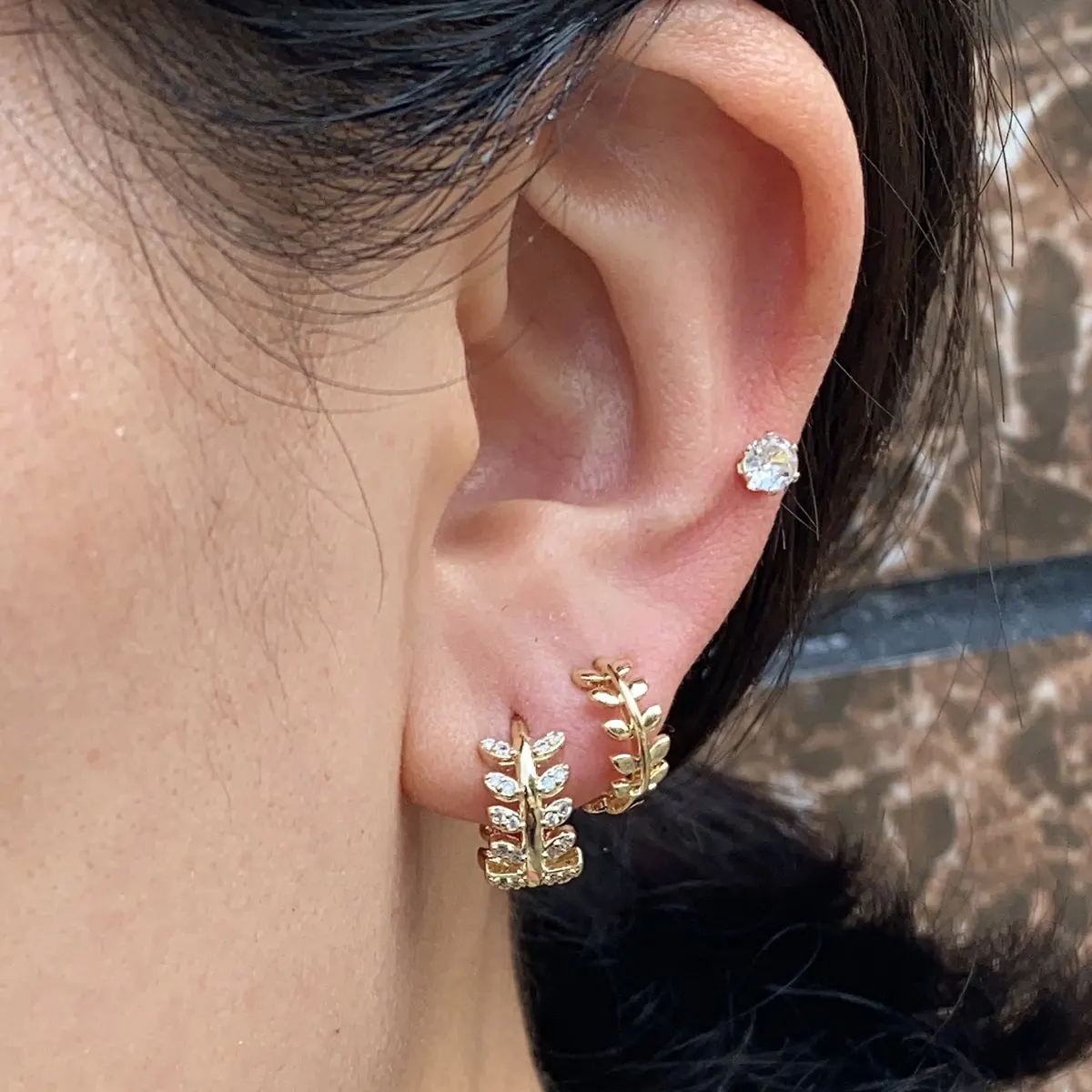 3Pair/set Gold Color Leaves Circle Hoop Earrings Set  for Women Exquisite Crystal CZ Studs Earrings Wedding Party Jewelry Gift