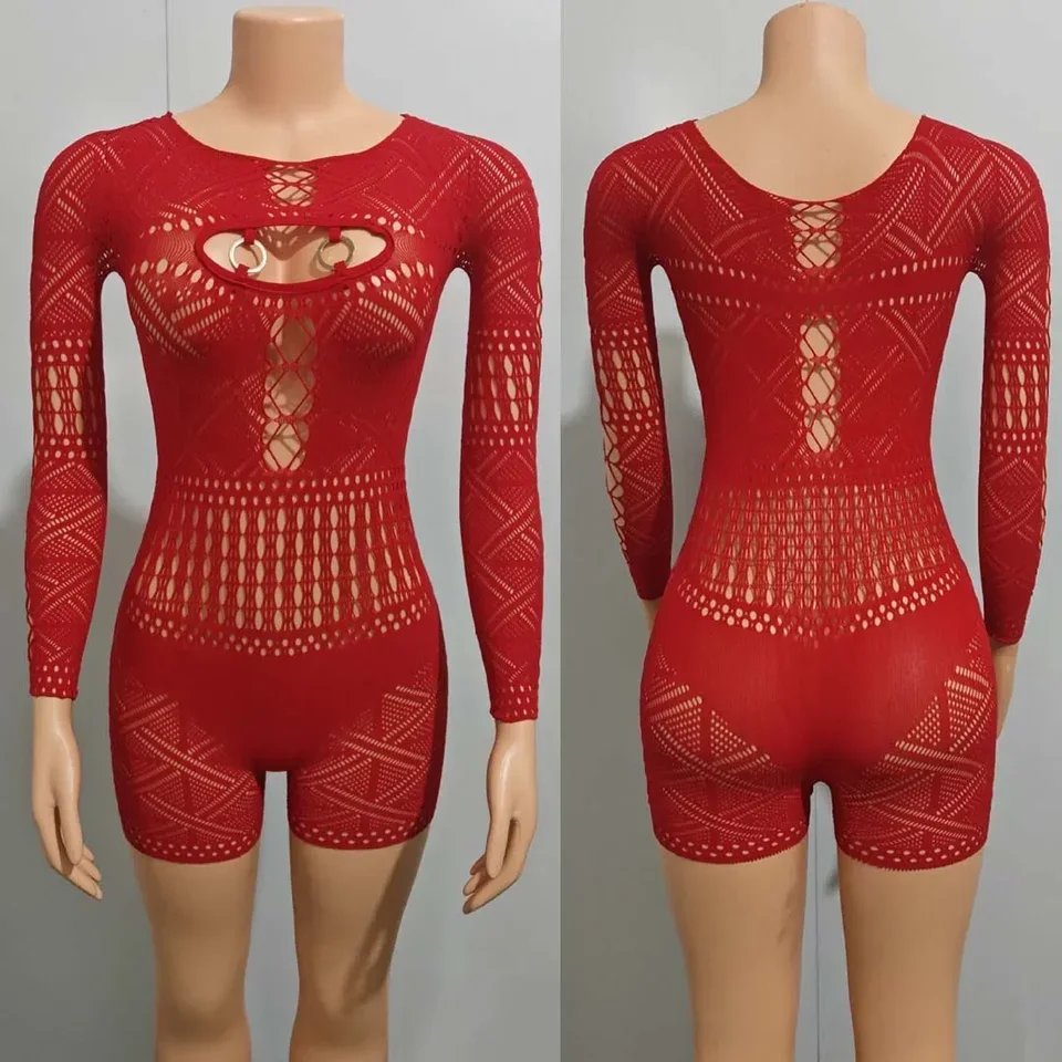 Mono corto Sexy de malla transparente con agujeros para mujer, peleles de manga larga, pantalones cortos ajustados, mono de una pieza