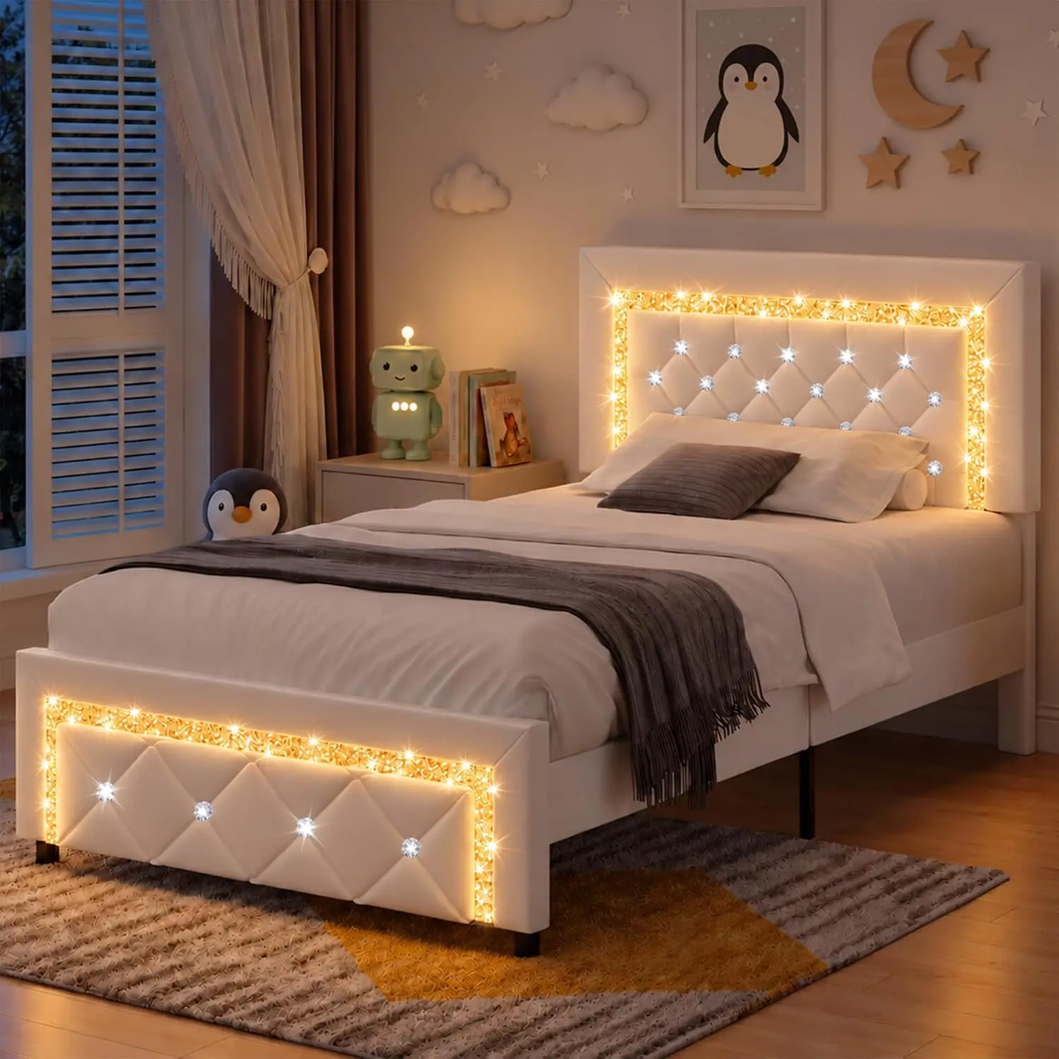 White Twin Bed Frame LED Diamond Tufted Headboard Bedroom Furniture, Customized