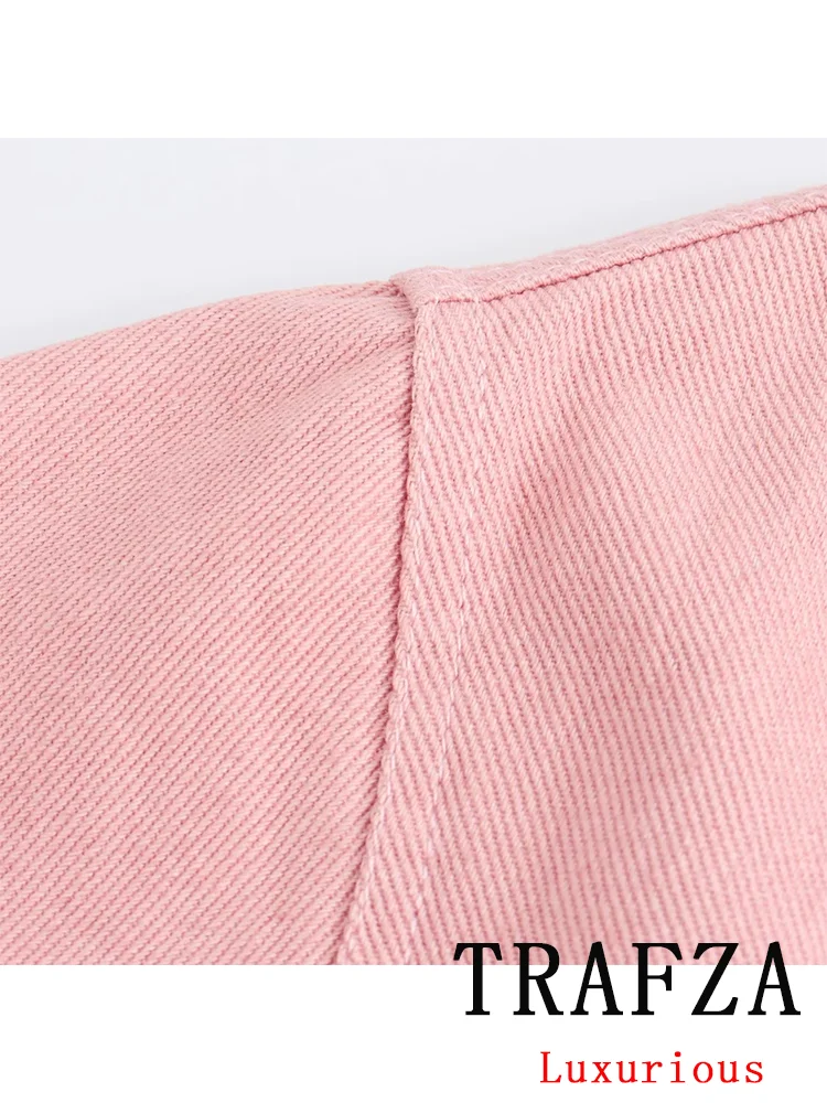 TRAFZA Vintage Casual Pink Denim Chic Women Suit V Neck Loose Jackets Loose Straight Buttons Shorts New Fashion 2024 Summer Sets