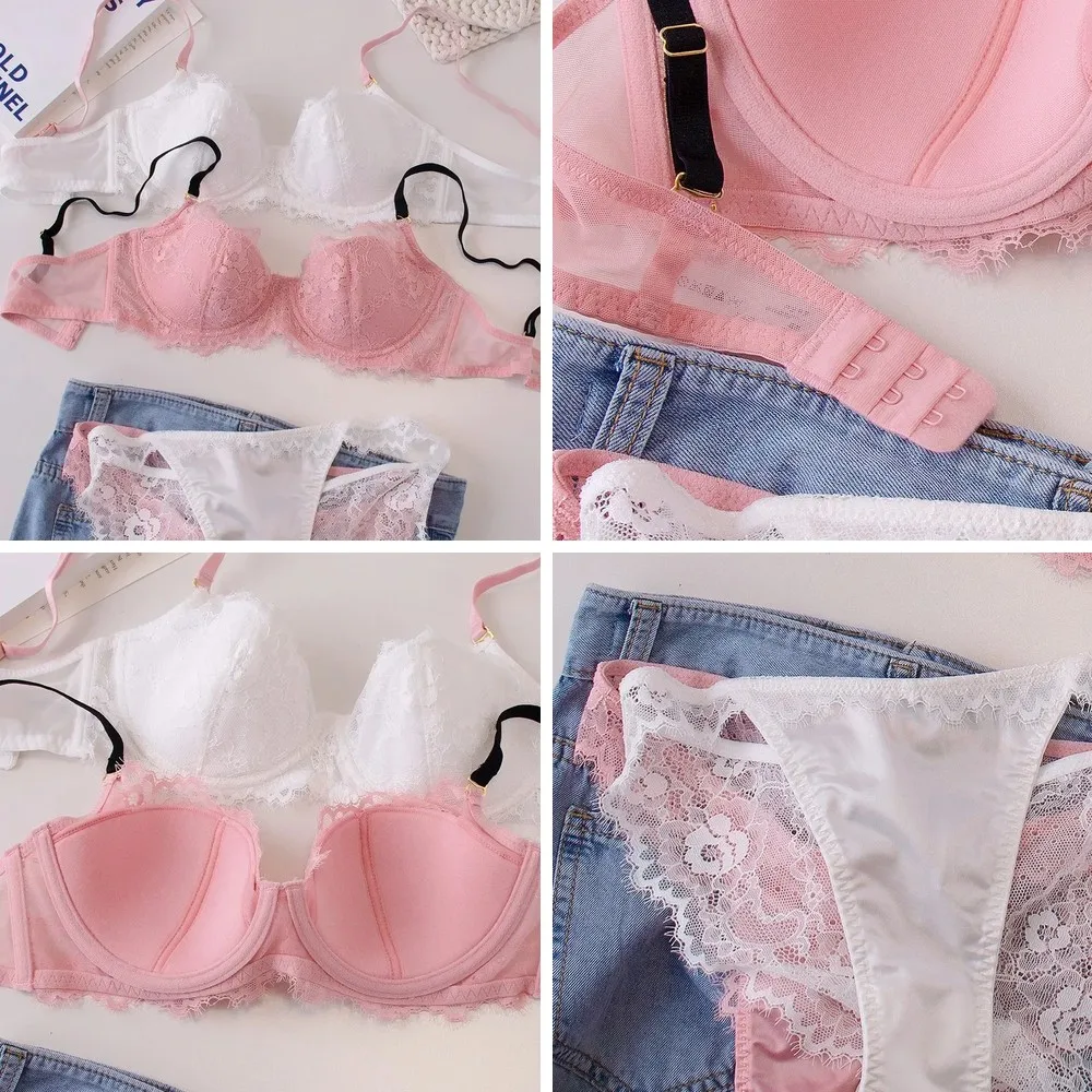 

Sexy Lace Bralette & Panty Set with Push Up Steel Ring, Large Size Thin Lingerie for Women