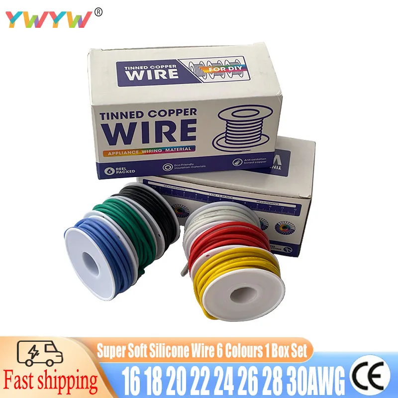 Heat Resistant Soft Silicone Stranded Wire in Box, Tinned Pure Copper Wire 6 Colour Set 30 28 26 24 22 20 18 16AWG