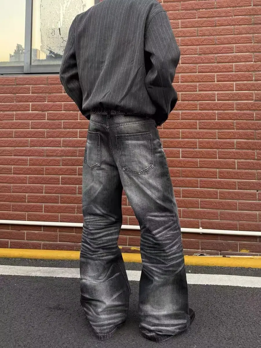 Men's Single Breasted Design Retro Black Gray Jeans Wide-leg Denim Trousers Boys Bottom High Waist Sweatpants Male Casual Pants - view 4