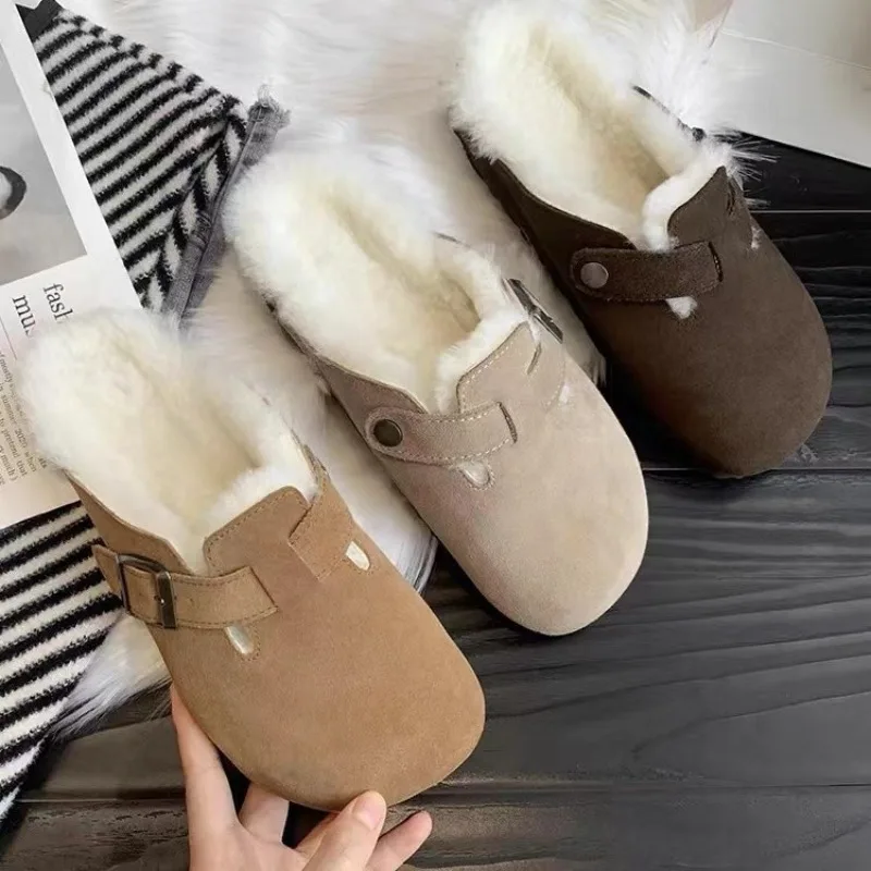 

New Women's Slippers Autumn Winter Leather Round Toe Slippers Couple Slippers Outdoor Casual Keep Warm Women Suede Slides Shoes