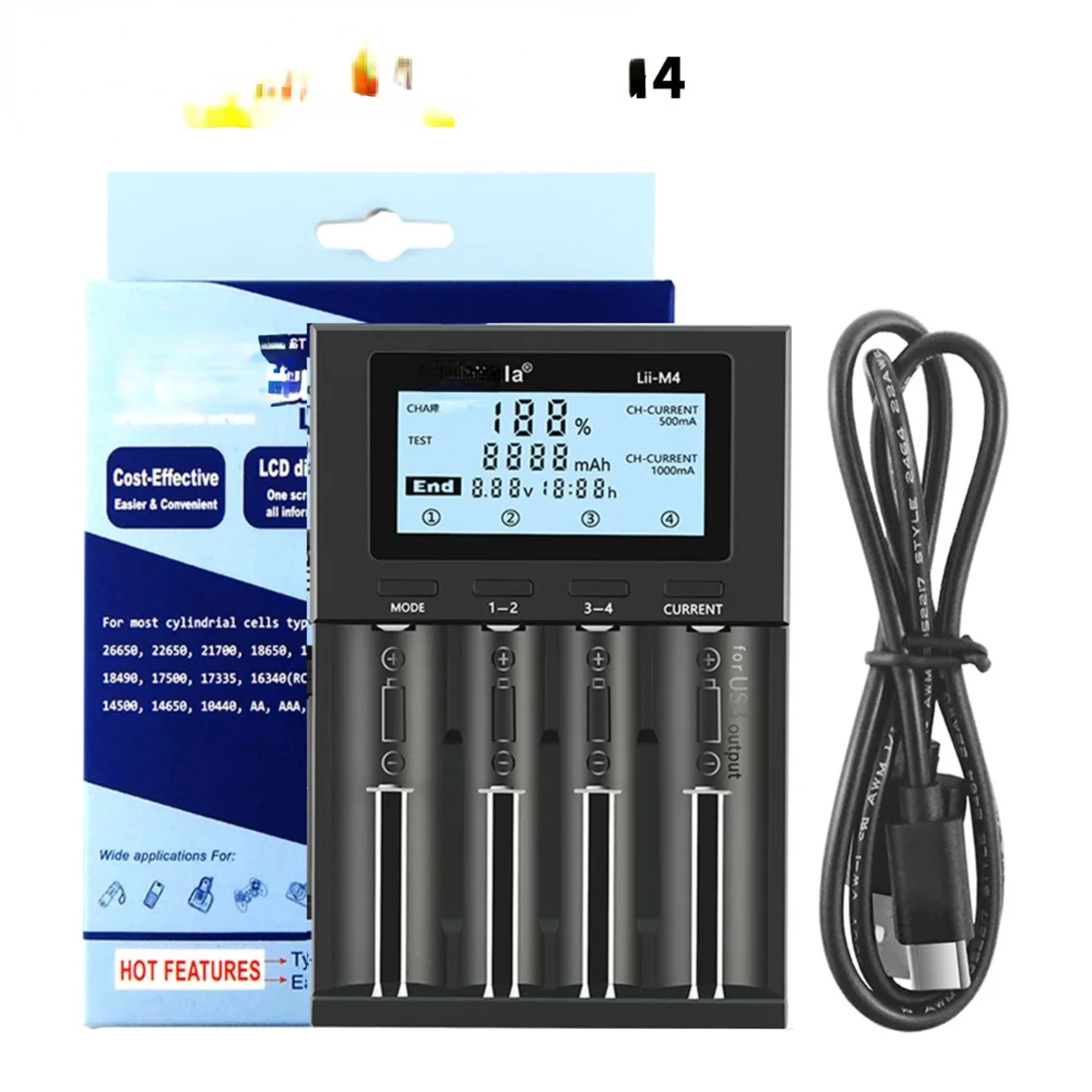 LII-M4 4 Slots Battery Charger with LCD Display for AA AAA Lithium NiMH Battery Smart Rechargeable Battery Charger