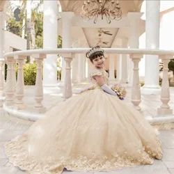 Light Champagne Flower Girl Dress Trailing Off-The-Shoulder First Communion Birthday Ball Pageant Custom kids Princess Prom