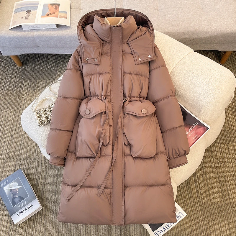 

2025 New Winter Mid-Length Padded Coat Slim Waist Tether Thick Warm Down Cotton Jackets Pockets Hooded Stand Collar Fluffy Parka