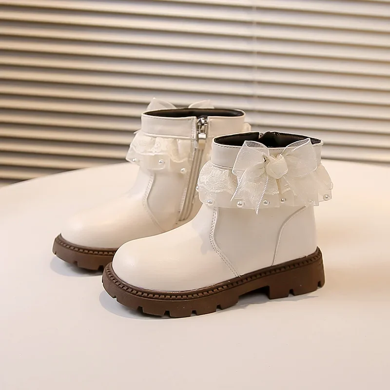 

Girls Leather Boots Sweet Lace Bowknots Kids Princess Boots Korean Style Versatile 2025 Autumn Winter Children Short Boots Soft