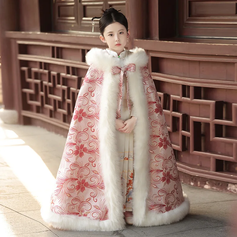 Kids Costume Pink Hanfu Cloak Winter Thick Vintage Warm Chic Embroidery Hooded Cape Coat Oriental Ancient Girl Children Overcoat