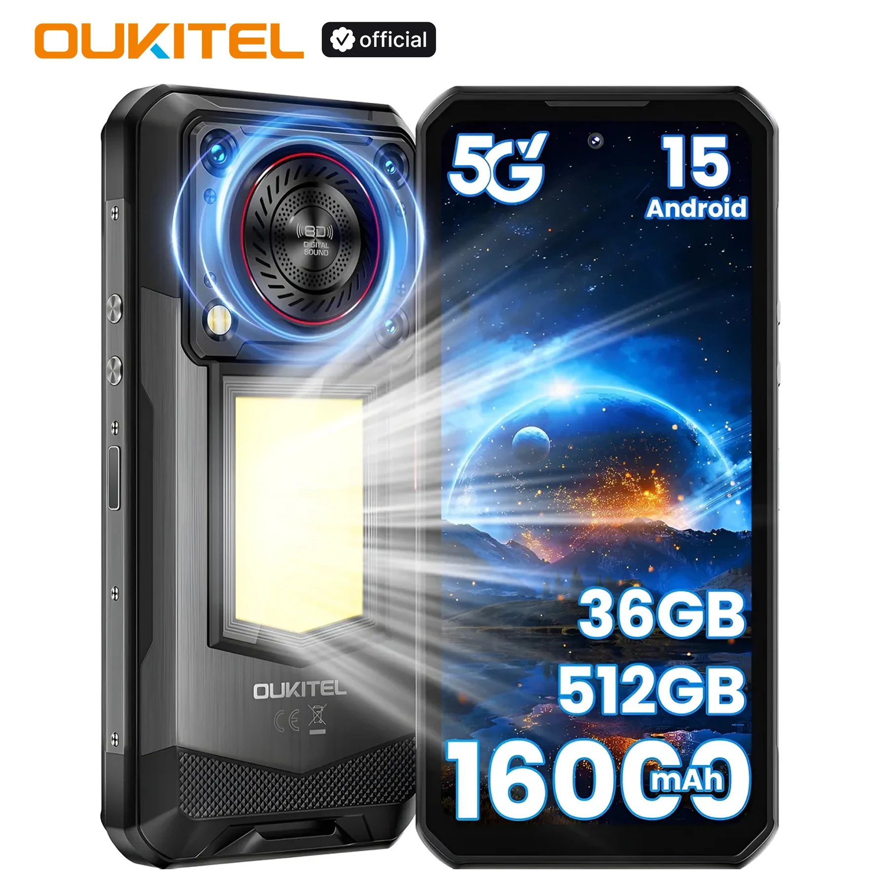 OUKITEL WP56 36GB+512GB 5G Rugged phone 16000mAh Battery, 6.8“FHD 120Hz Cell Phone MTK7050 108MP Camera Android 15 Smartphone