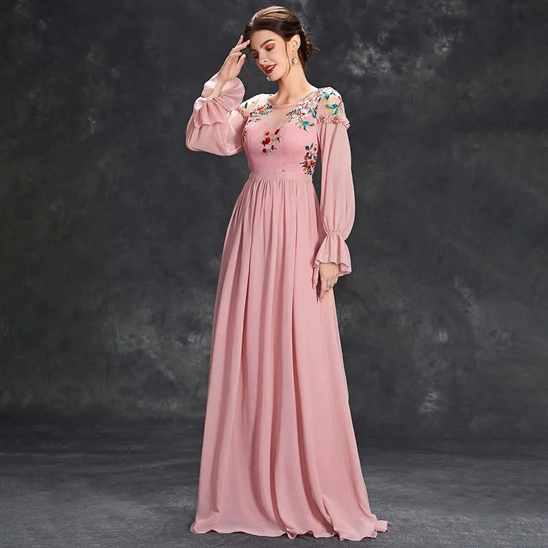 2025 nuevo vestido de dama de honor nupcial de Otoño Invierno con bordado Floral de manga larga para invitados de fiesta de cumpleaños de boda