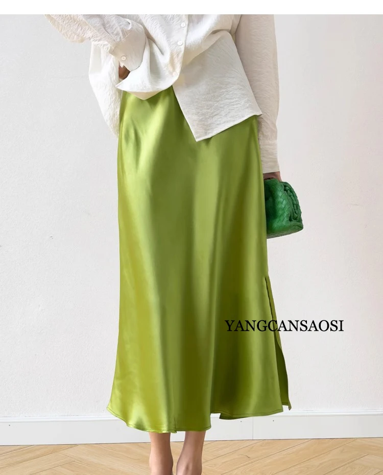 2026 Women's Spring New 100% Natural Mulberry Silk Plain Satin Single Side Split Light Luxury Elastic Waist Hip Green Wrap Skirt