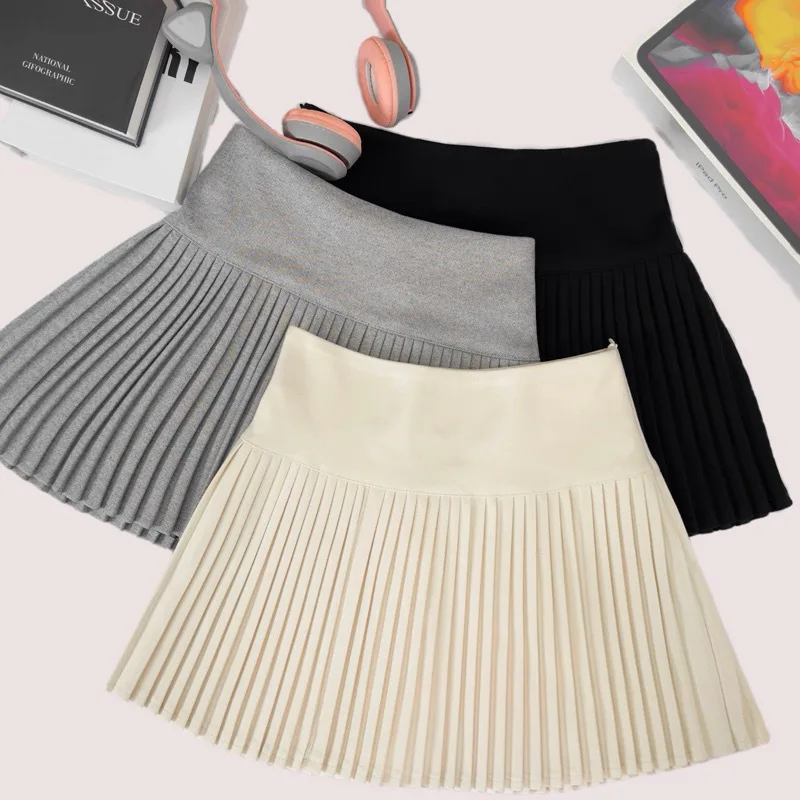 Falda Midi de lana Retro de cintura alta plisada, falda acampanada, Falda corta informal holgada a la moda, Falda corta de nuevo temperamento para mujer