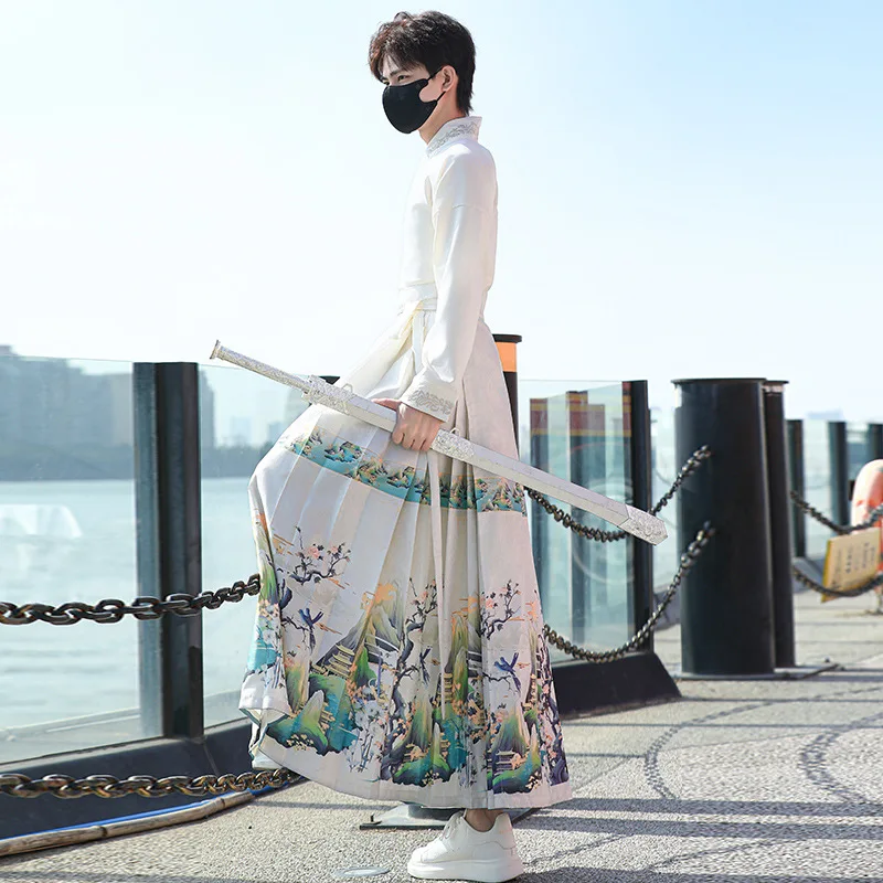 Horse Face Vest Skirt Modern Hanfu Men's Mamianqun Chinese Traditional Ming Dynasty National Style White Set Daily Wear