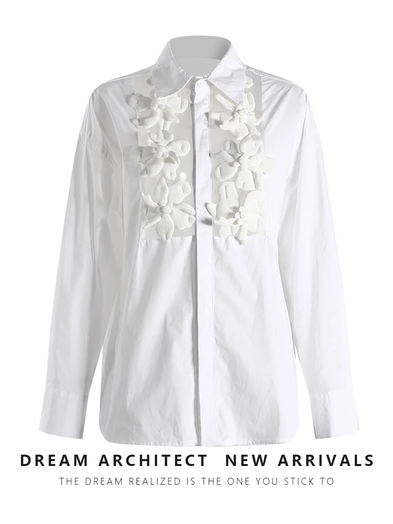 Fato de algodão branco elegante feminino, camisa, mangas completas, flor oca sexy, moda casual, casaco de menina quente, outono, 1 peça