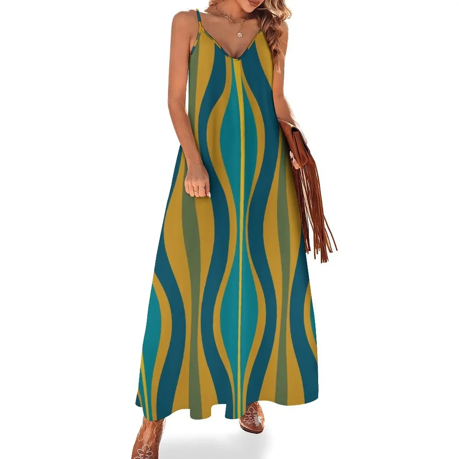 Hourglass Mid-Century Modern Abstract Retro Pattern in Moroccan Blue, Green, Teal, and Mustard Sleeveless Dress