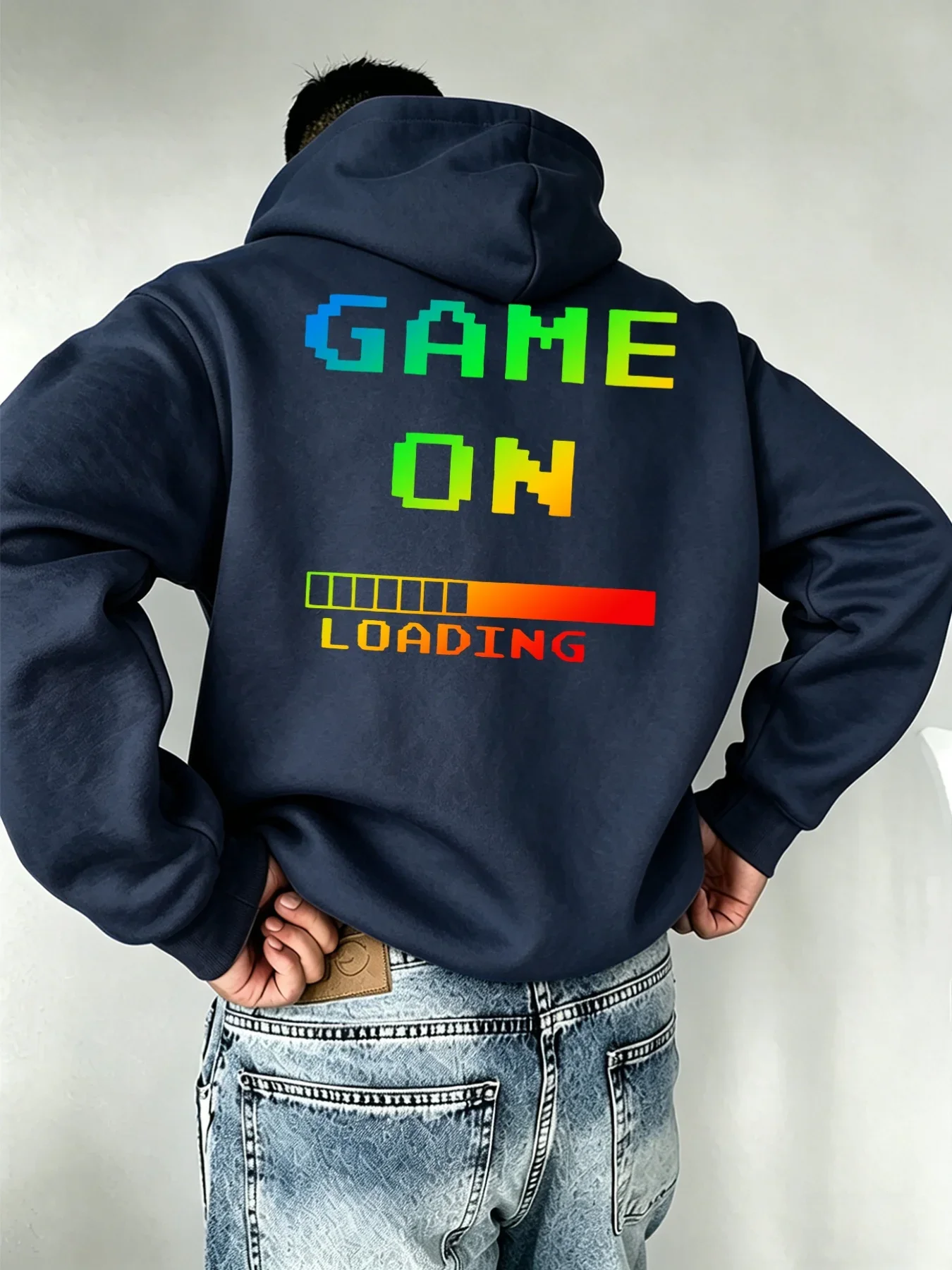 Men Retro Gamer Pixel Loading Bar Graphic Hoodie Autumn Winter Oversized Street Style Unisex Fleece Pullover Hooded Sweatshirt