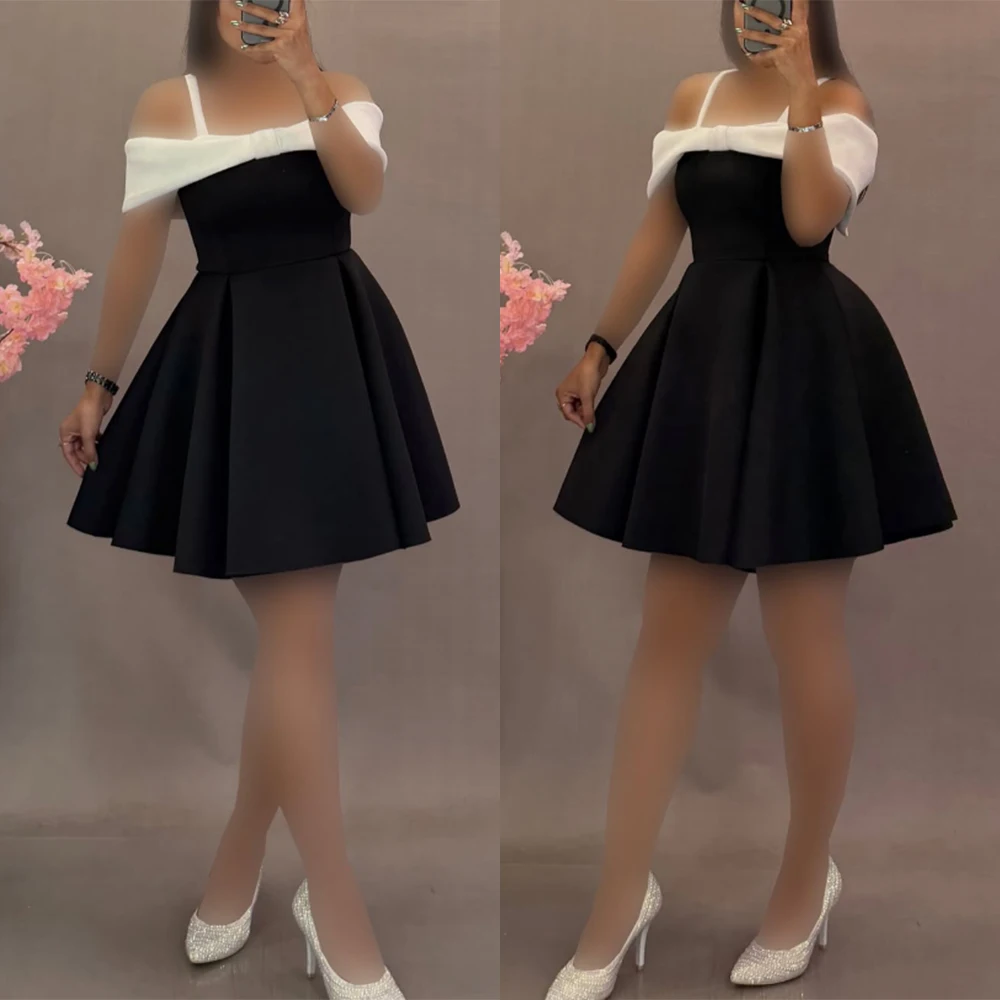 Abito da sera lungo personalizzato, sopra il ginocchio, con spalle scoperte, a contrasto di colore nero, abito elegante da donna per cerimonia.