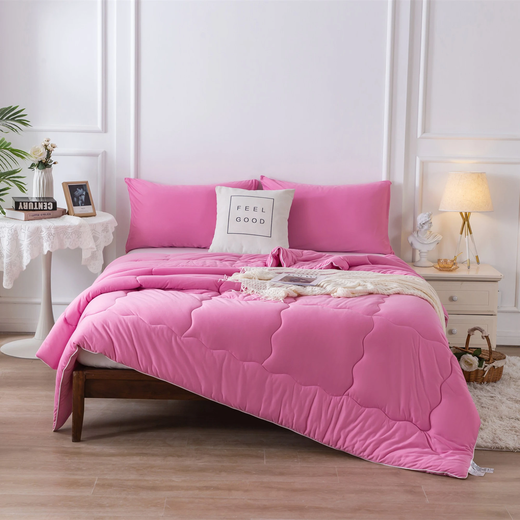 

All Season King Size Ultra-Soft Knit Cotton Cozy Reversible Bedding Comforter Set for Girls Rose pink with 2 Pillowcase