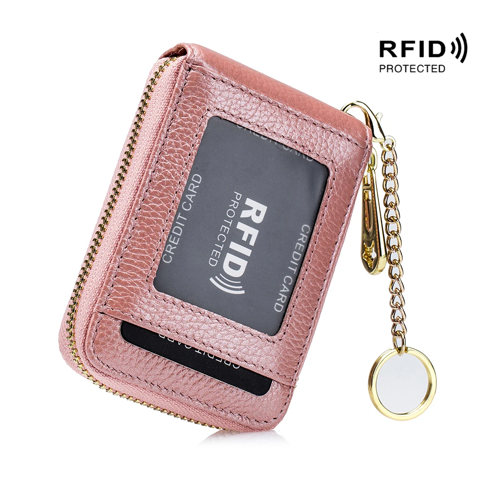 Porte-cartes en cuir véritable RFID exquis pour femmes, porte-cartes d'orgue masculin multifonctionnel, porte-cartes bancaires, porte-clés noir et rose