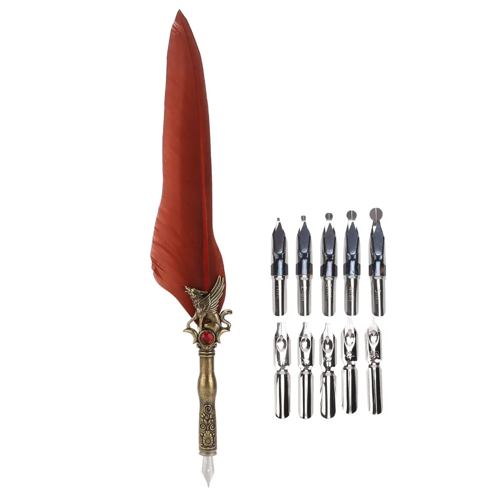 Stainless Steel Feather Quill Carved Pattern Smooth Nib Vintage Signature Pen Retro Texture Feather Shaft Feather Dip Pen