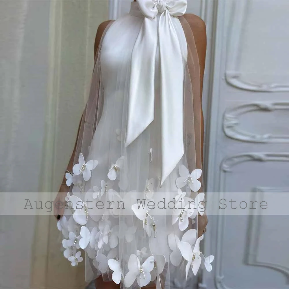 Prachtige korte trouwjurken 2025, satijnen a-lijn verlovingsjurk, witte coltrui, strikappliqué, gedrapeerde tule trouwjurken