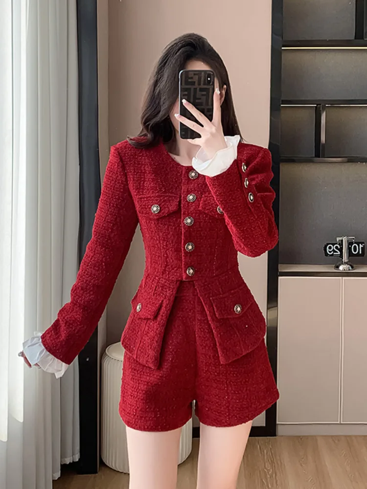 High Quality French Luxury Tweed 2 Piece Pant Sets For Women Jacket Coat + Shorts Sets Korean Sweet Lady Two Piece Pant Suits