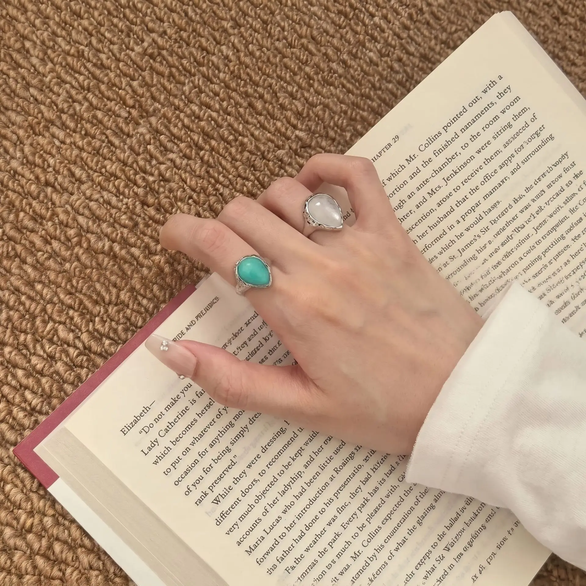 VENTFILLE 925 Sterling Silve Ring  for Women Girl  Droplet Jade Hammer Pattern Edging With Adjustable Jewelry Gift Dropshipping