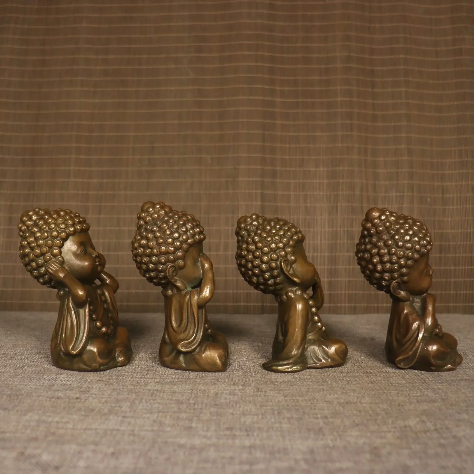 Set of 4 Old Copper Buddha Statues Four Lesser Brothers Figurines Traditional Religious Home Decor