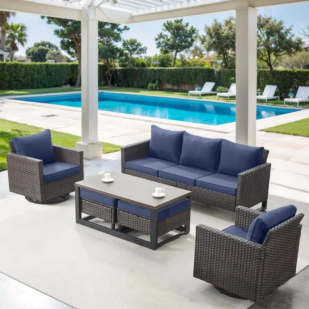 

6-Piece Wicker Outdoor Patio Furniture Set with Swivel Rockers, Coffee Table, 3-Seater Sofa, and Ottomans - Brown/Blue