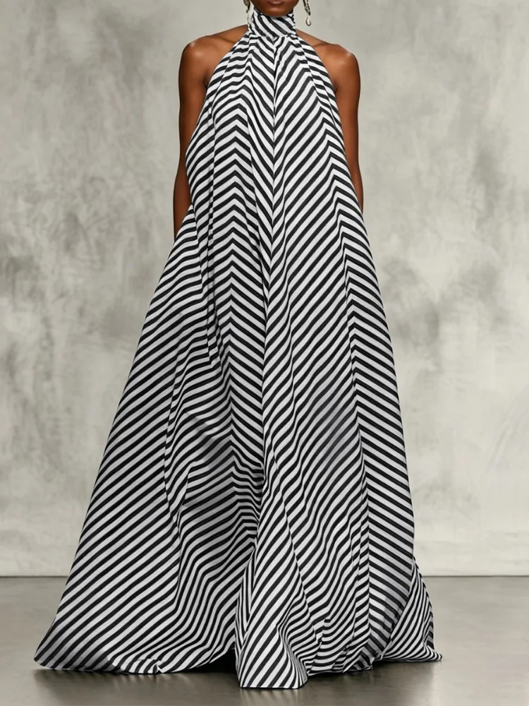 Yeezzi 2026 New Trendy Black White Striped Halter-Neck Maxi Dresses Women Summer Sleeveless Backless Party Evening A-Line Dress