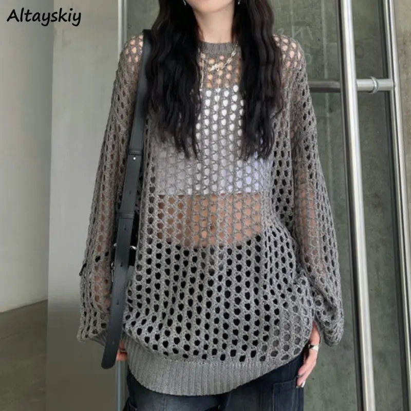 Hollow Out Pullovers Women Summer Long Style Baggy Clothing Knitting Casual Holiday Female Aesthetic Tender Minority Drape Ins