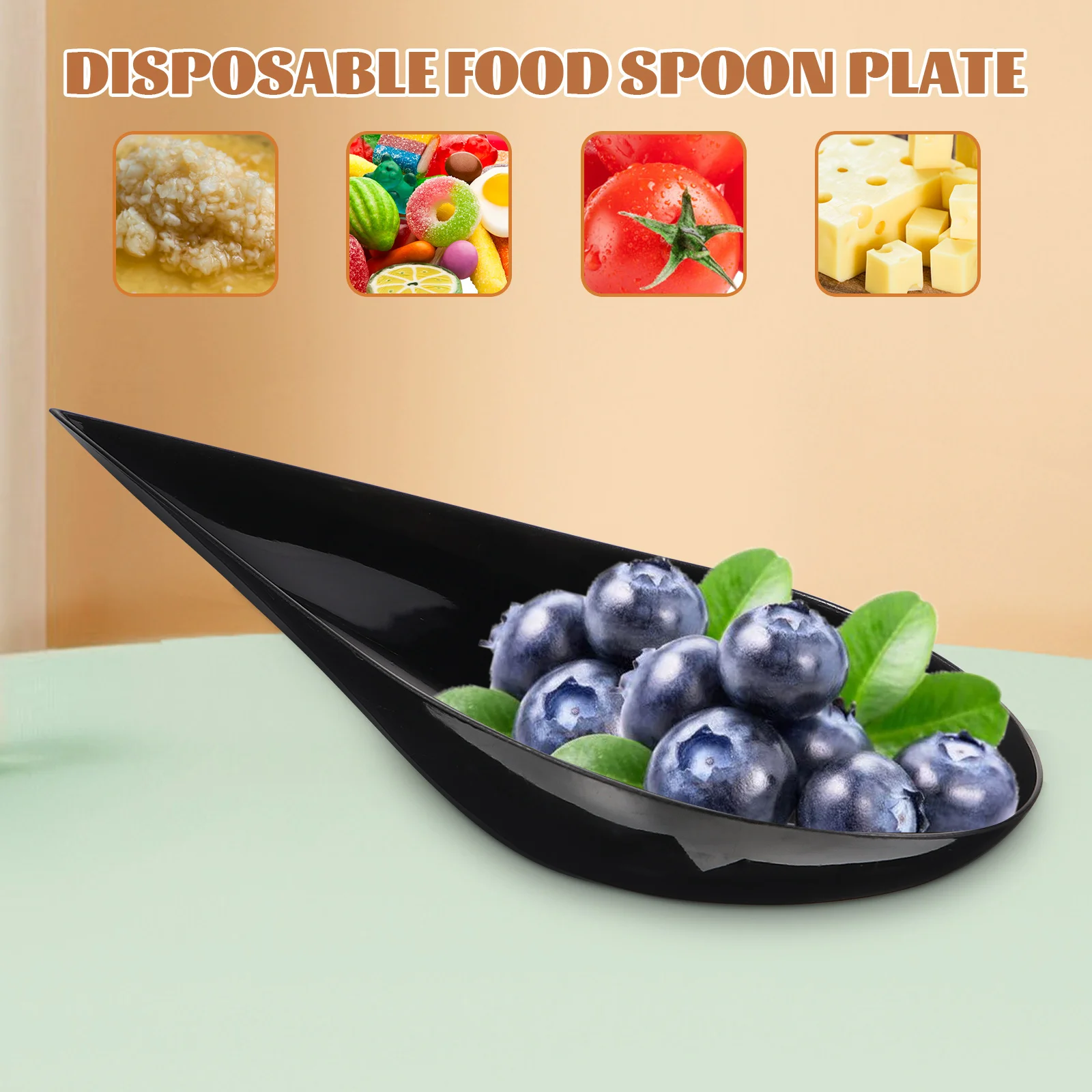 Colher de sobremesa preta transparente, prato de lágrima para frutas, doces, servir aperitivo, mini pratos, portátil, catering, item de cozinha, 100 peças
