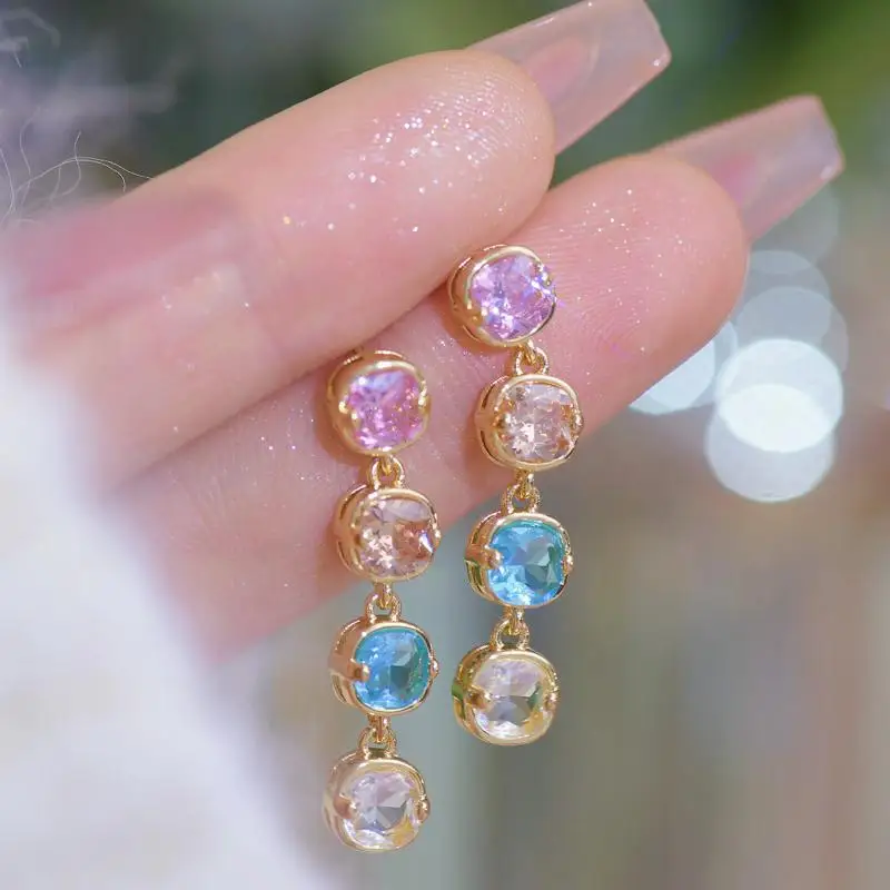 French Light Luxury Colorful Zircon Pendant Earrings Exquisite Fashionable Women's Earrings Party Jewelry Accessories Gifts