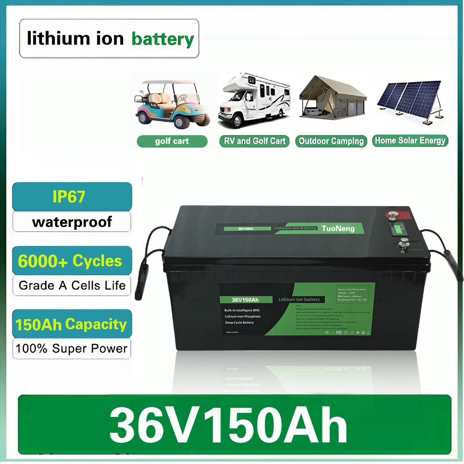 

waterproof 36v 150ah lithium ion batteria 100A BMS li ion for 3000W 2500w inverter scooter golf cart bike solar +10A charger RV