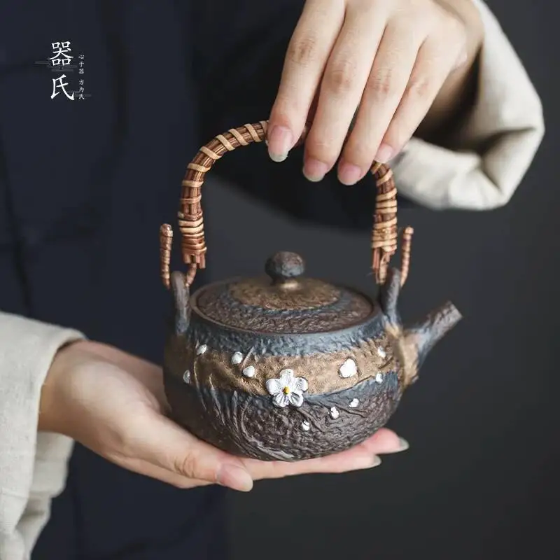 Vintage Style Ceramic With Silver Plating Rustic Pottery Side Handle Tpot Home Use Kung Fu Set Single Tpot For Brewing