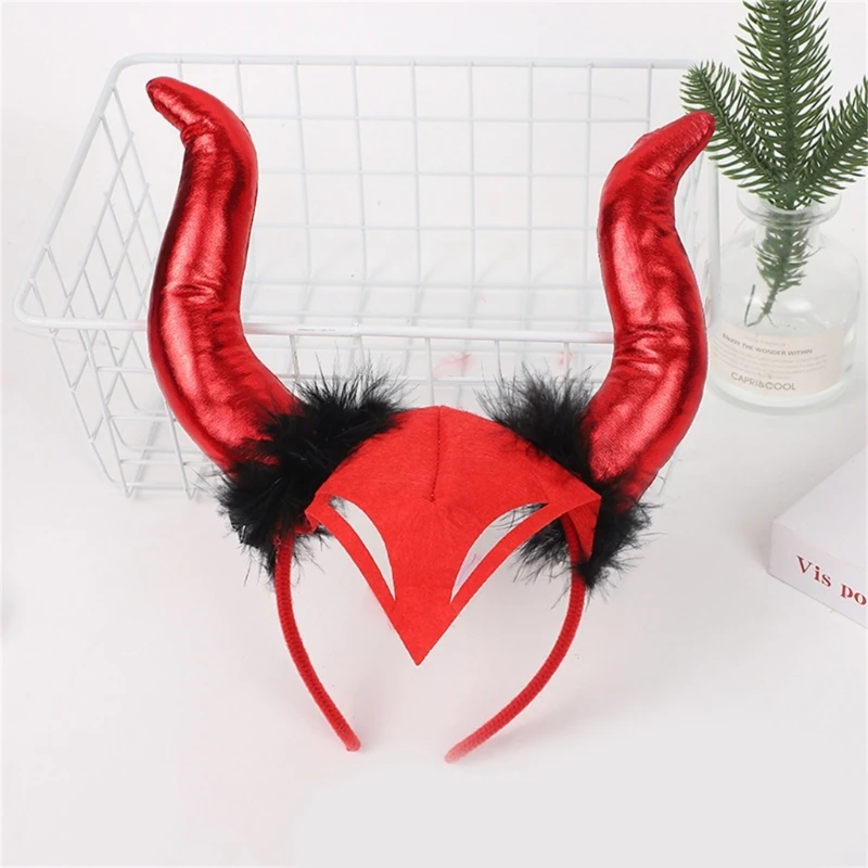 Furry Devil Horn Headband for Adult with Face Mask Gold Stamping Hairhoop Kids Halloween Headdress Cosplay Headpieces