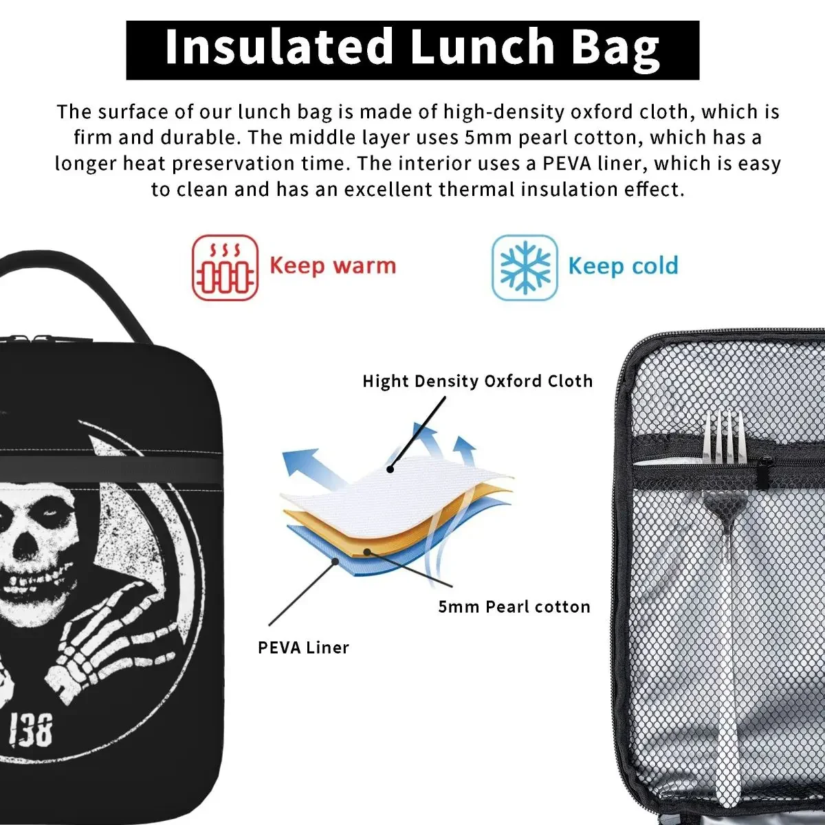 Crimson Ghost Misfits Insulated Lunch Bag Thermal Bag Reusable Skull Portable Tote Lunch Box Food Storage Bags College Picnic