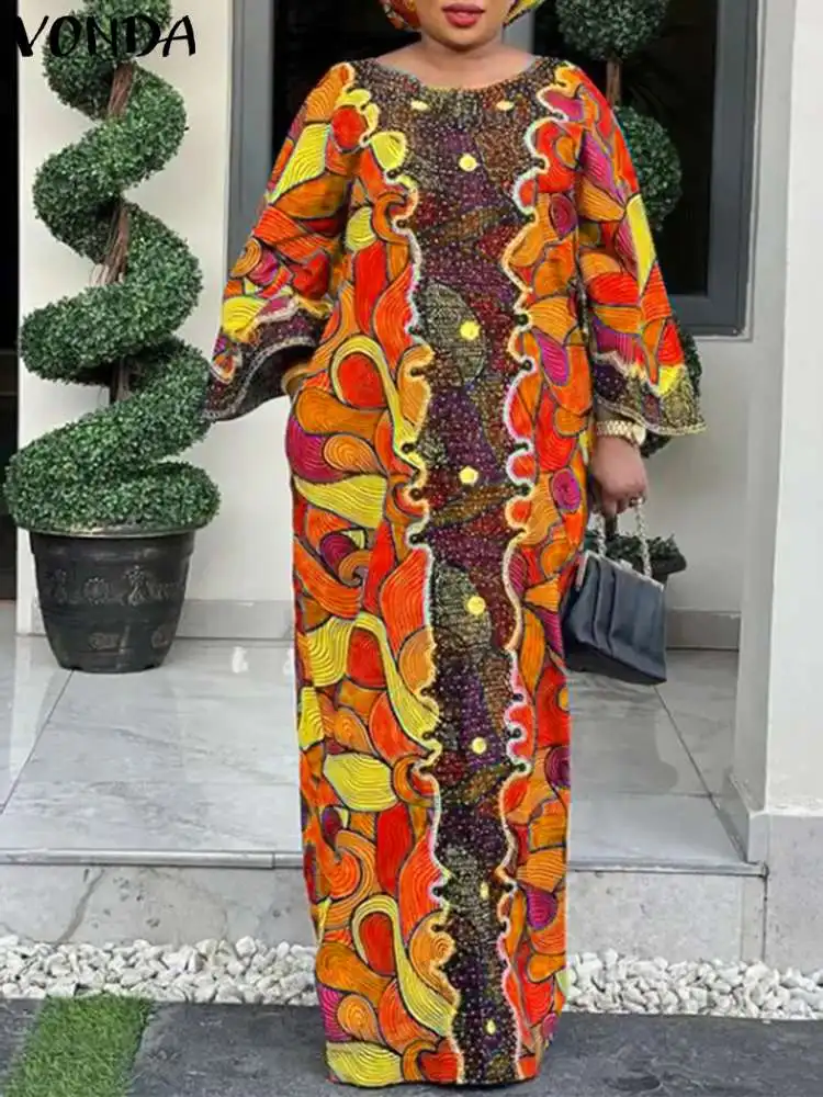 

Plus Size 5XL VONDA Summer Maxi Dress Women Bohemian Vintage Printed Flare Sleeve Sundress 2023 Casual Pockets Loose Beach Robe