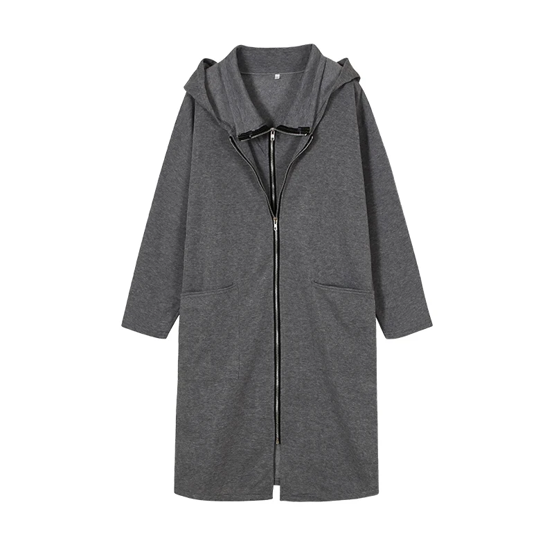 Damen-Kapuzenpullover mit Taschen, Reißverschluss, mittellanger, lockerer Mantel, zweiteiliger Look, lässige Oberbekleidung – Detail 13