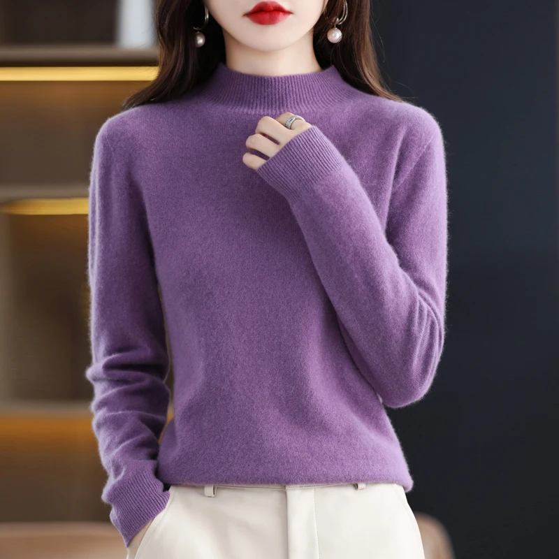 Autumn Winter 100% Merino Wool Sweater Women First Line Seamless Half-high Collar Pullover Basis Casual Cashmere Knit Solid Tops