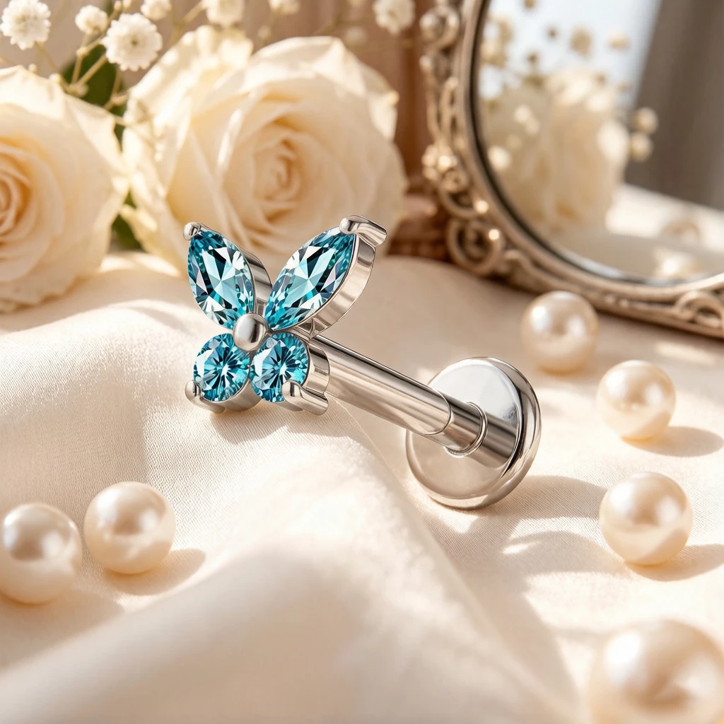 1PC G23 Titanium Butterfly Labret Piercing Lip Stud Cluster Zircon Tragus Flat Cartilage Stud Earrings Nose Piercing Jewelry view 3