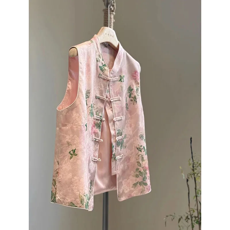 2026 New Pink Chinese Vest Coat Satin Printing High-grade Stand-up Collar Vest Spring Embroidery Women Vest Top New Jacket Vest