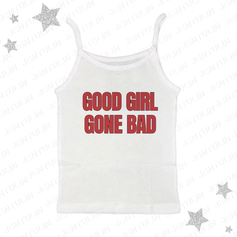 Good Girls Gone Bad Slogan T-shirt Vinatge Graphic Hipster Letter Crop Tops High Street Harajuku Splice Red Y2K Clothes Emo Tees